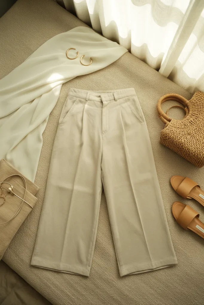 Cream linen pants flat lay with silk camisole and raffia tote for summer outfit styling