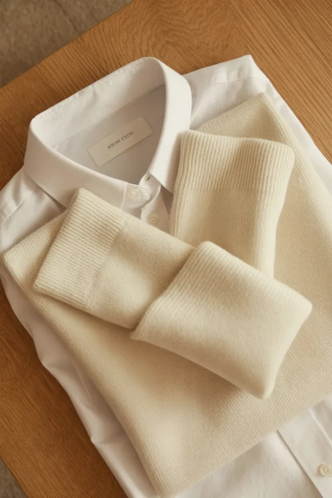 Cream merino sweater layered over white button-down on oak wood surface