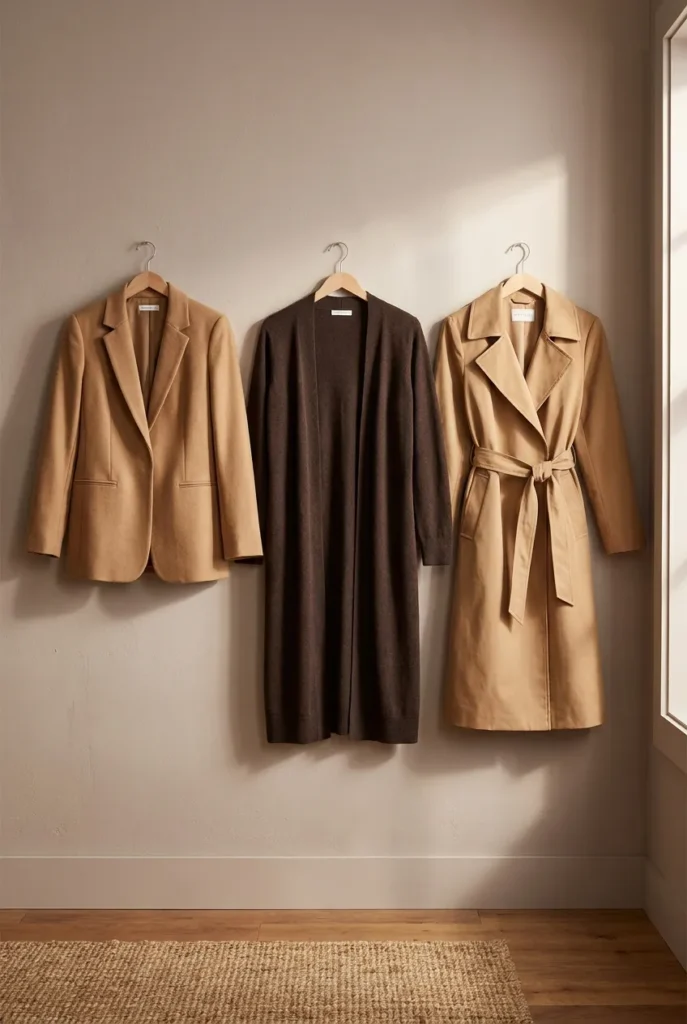 Curvy capsule wardrobe outerwear with camel blazer espresso cardigan and trench coat on wooden hangers.