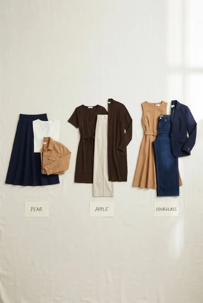 Curvy capsule wardrobe pieces grouped for pear, apple, and hourglass shapes on cream linen flat lay.