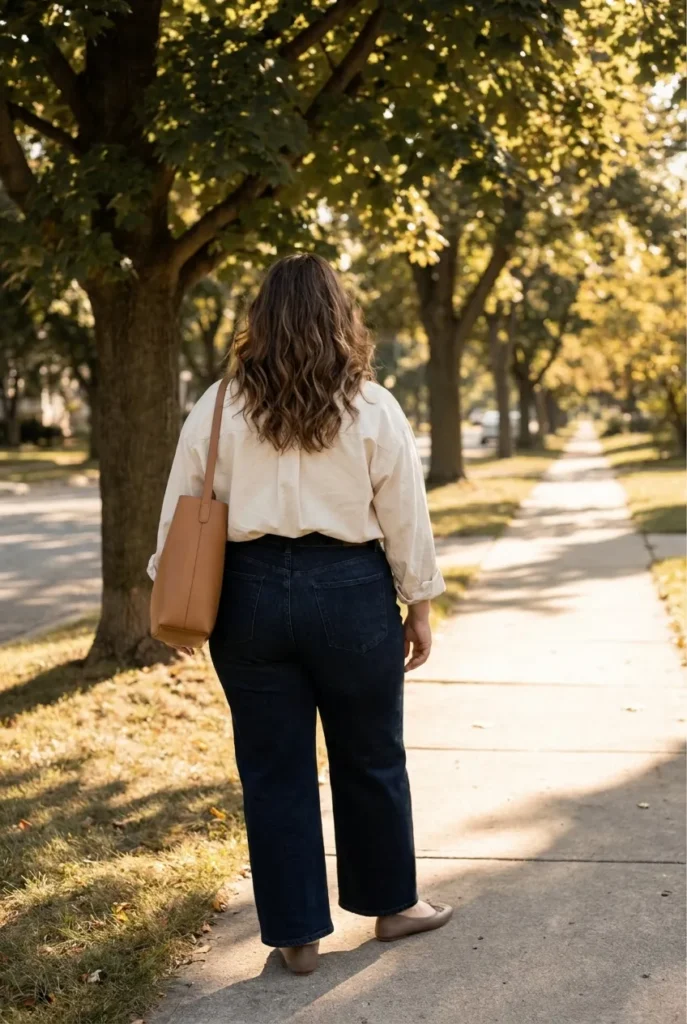 Curvy woman in cream button-down and dark wide-leg jeans walking a tree-lined street in golden light.