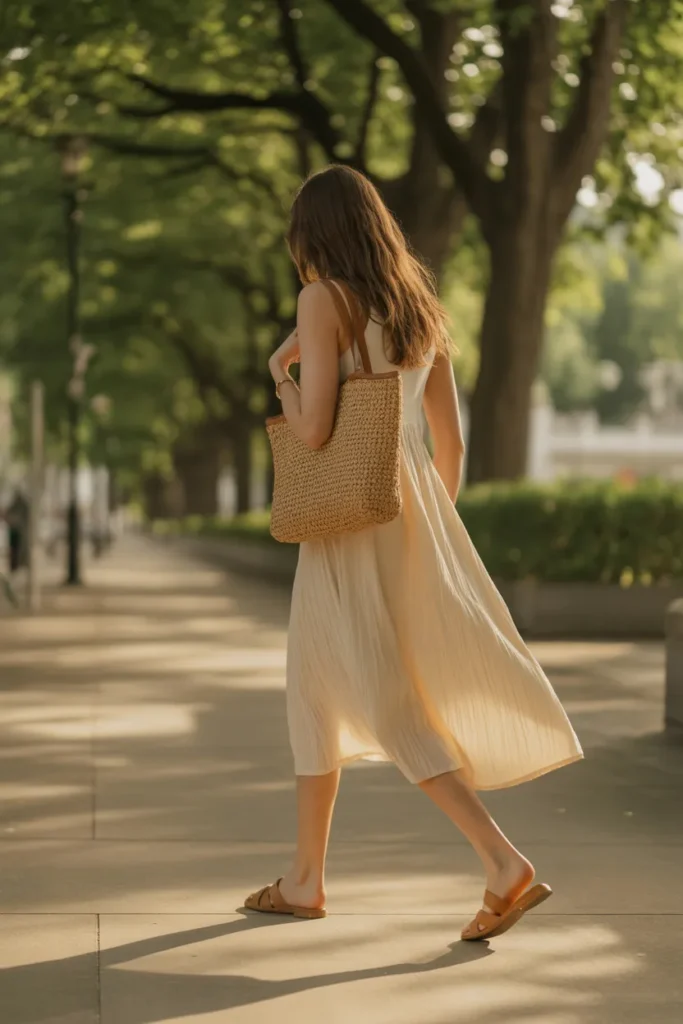 Effortless summer outfit ideas with cream midi dress walking shot