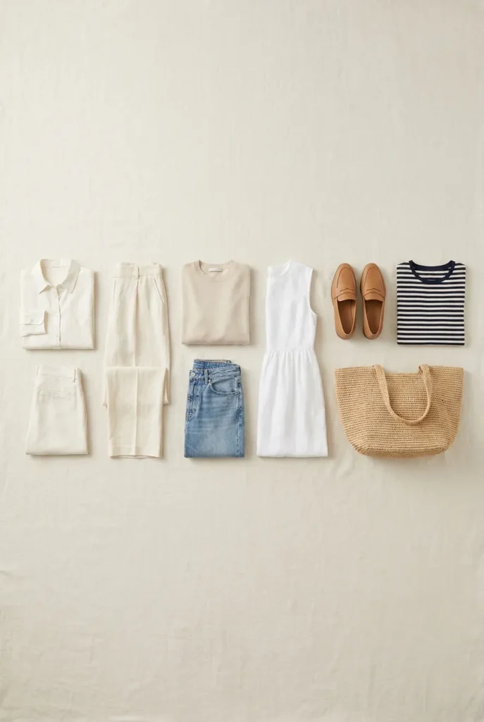 Eight coastal grandmother wardrobe essentials flat lay with linen shirt, trousers, knit, jeans, dress, loafers, tote.