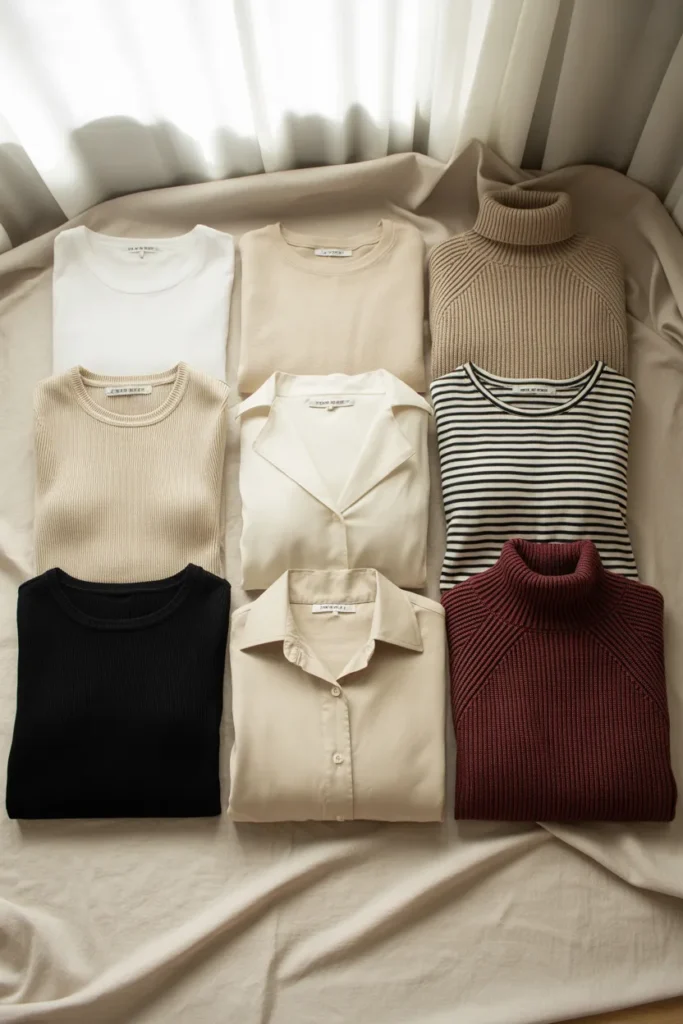 Eight fall capsule wardrobe tops folded on cream linen including cashmere, Breton stripe, silk blouse, and burgundy merino