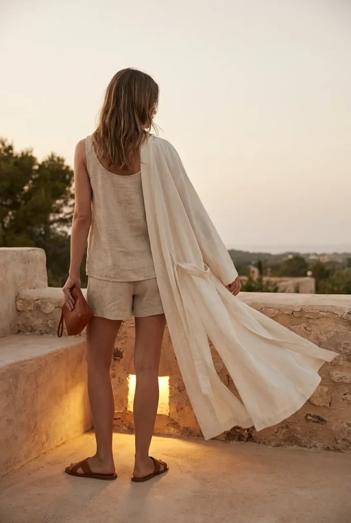 Elevated summer layering outfit with a long linen duster over a matching tank and shorts set