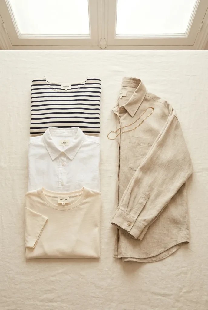 Europe summer capsule tops flat lay with breton tee white button down cream tee and linen shirt jacket