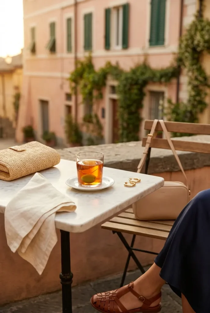 European aperitivo café table at golden hour with navy slip dress hem, leather crossbody, and gold hoop earrings.