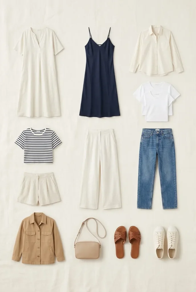 European summer capsule wardrobe 12-piece flat lay with linen dress, Breton tee, wide-leg trousers, and woven sandals on ivory linen.