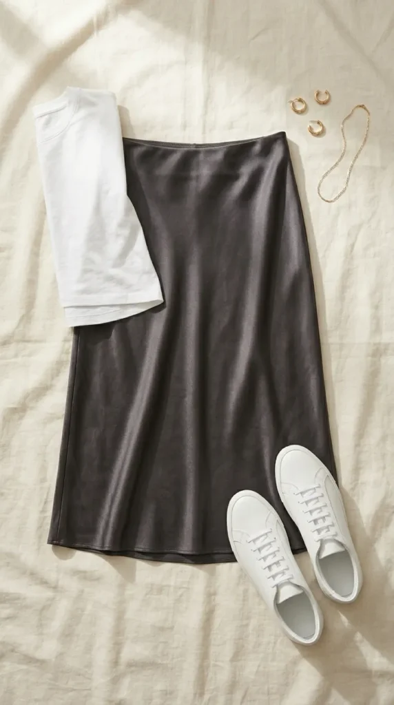 Existing white sneakers styled with charcoal silk slip skirt and white tee for casual capsule outfit