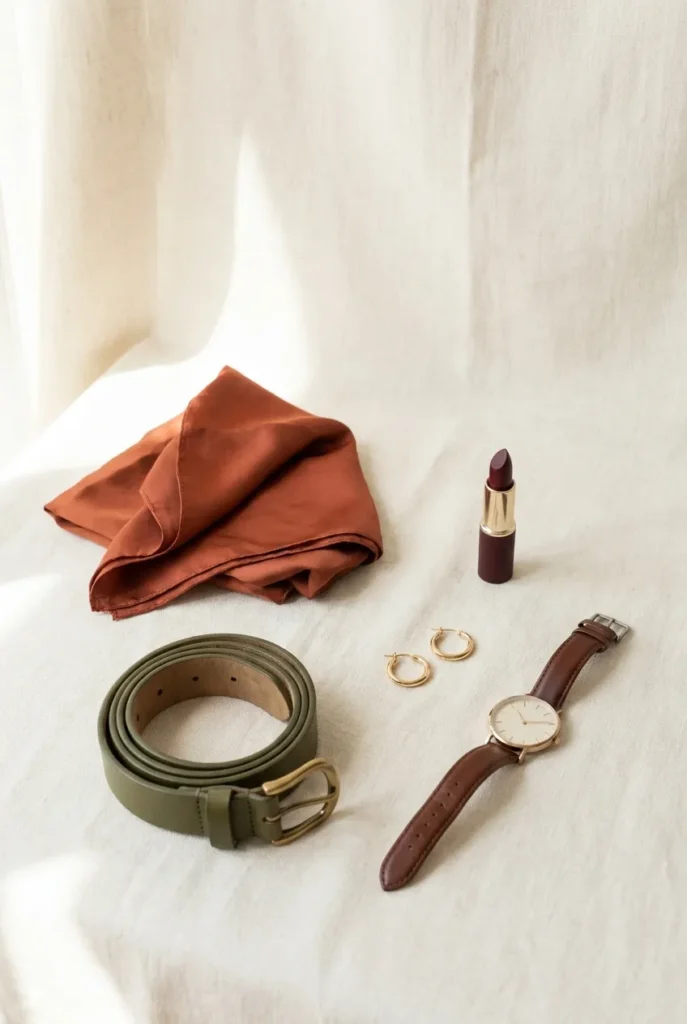 Fall accent accessories flat lay with rust scarf, olive belt, and gold hoops