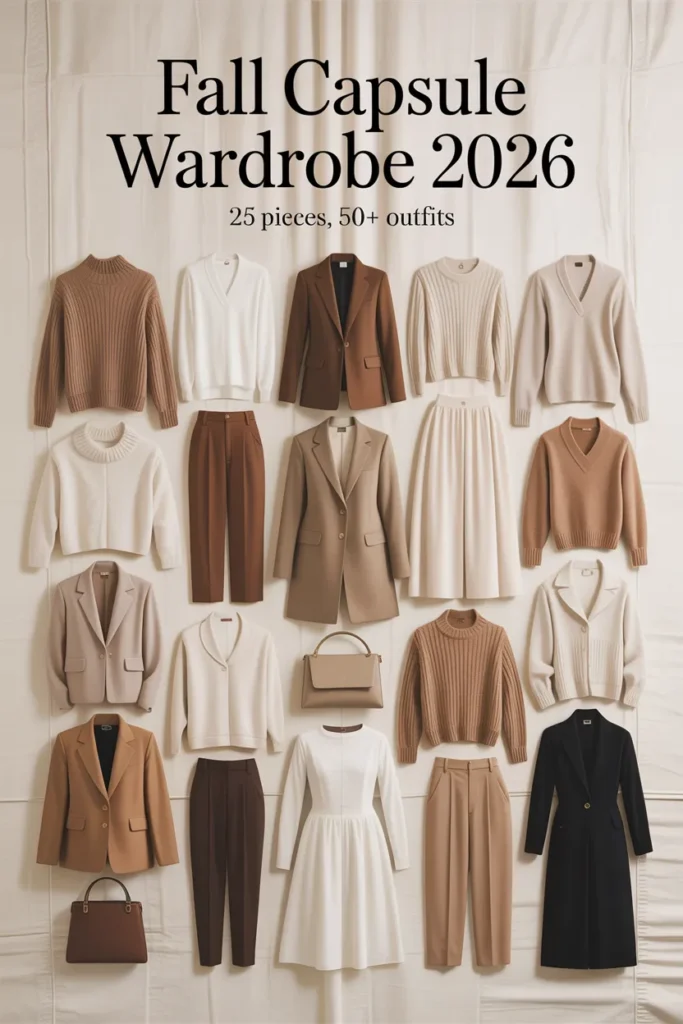 Fall capsule wardrobe 2026 Pinterest pin with 25 pieces arranged in a flat lay including tops, bottoms, outerwear, and shoes