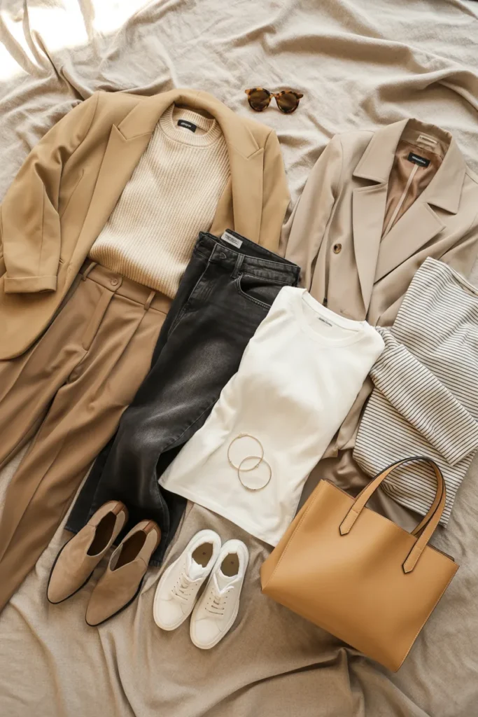 Fall capsule wardrobe 25 pieces flat lay including cashmere sweater, camel blazer, trench, and suede booties on oat linen