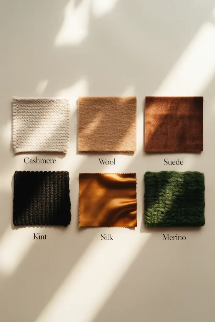Fall capsule wardrobe color palette with cream, camel, chocolate, black, rust, and forest green fabric swatches