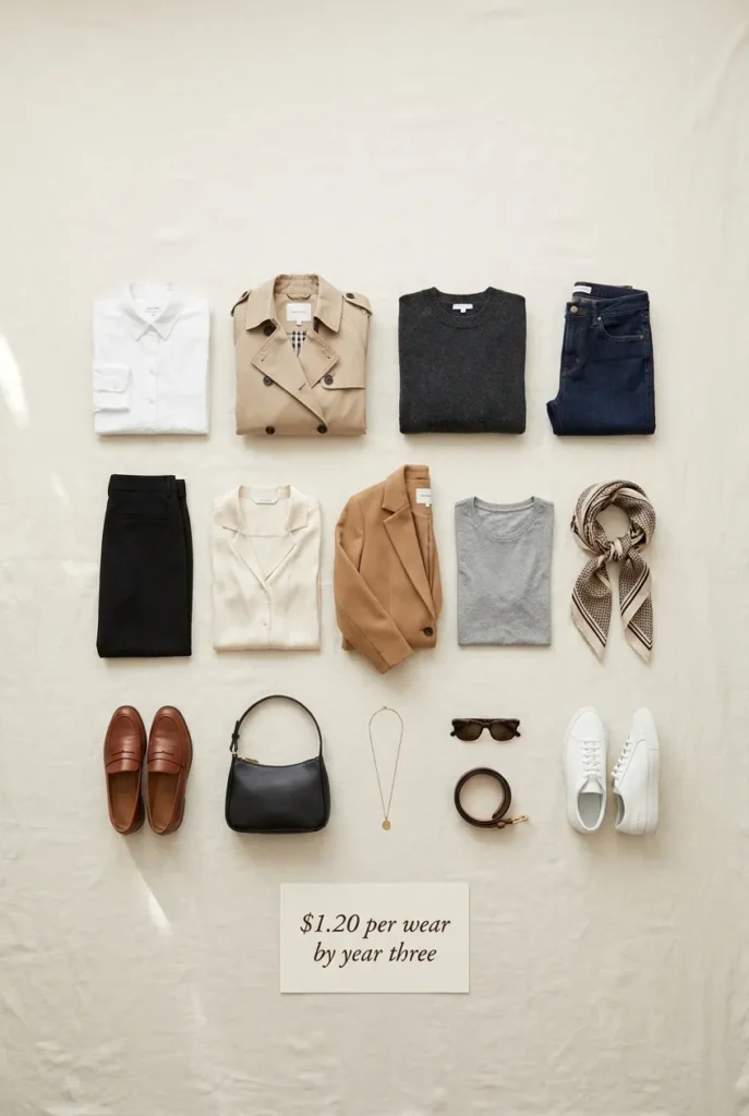 Fall capsule wardrobe cost-per-wear breakdown flat lay with sweaters, jeans, and shoes
