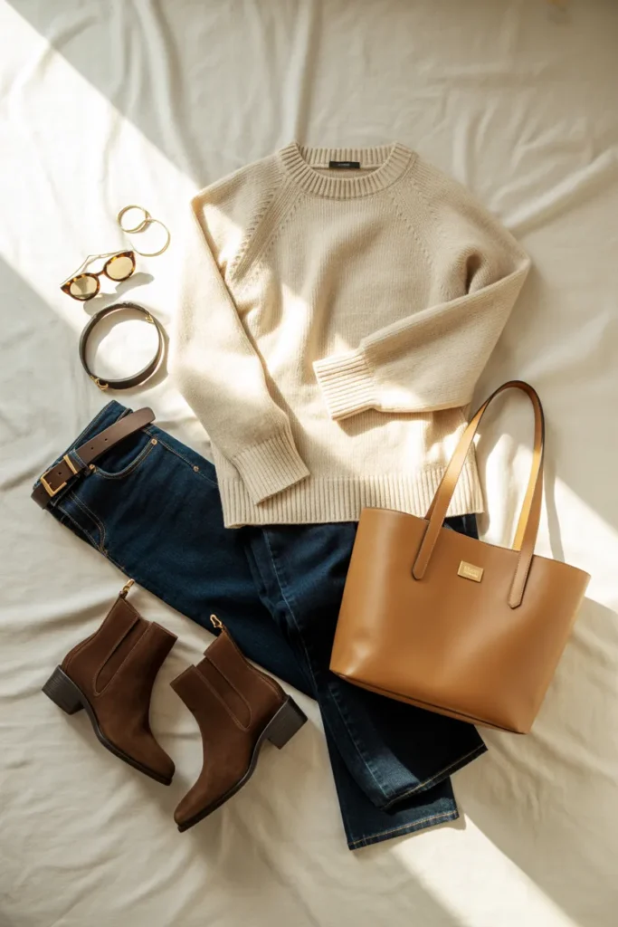 Fall capsule wardrobe outfit with cream cashmere sweater, dark wash jeans, chocolate suede booties, and camel tote on cream linen