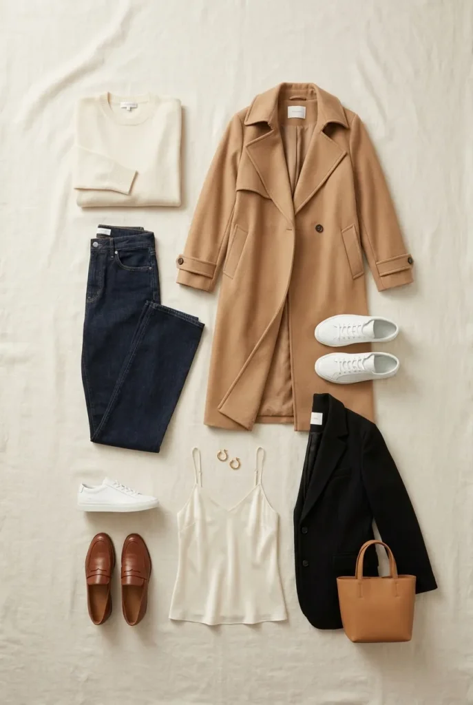 Fall outfit ideas capsule wardrobe flat lay with cream sweater, jeans, trench coat, and loafers on linen