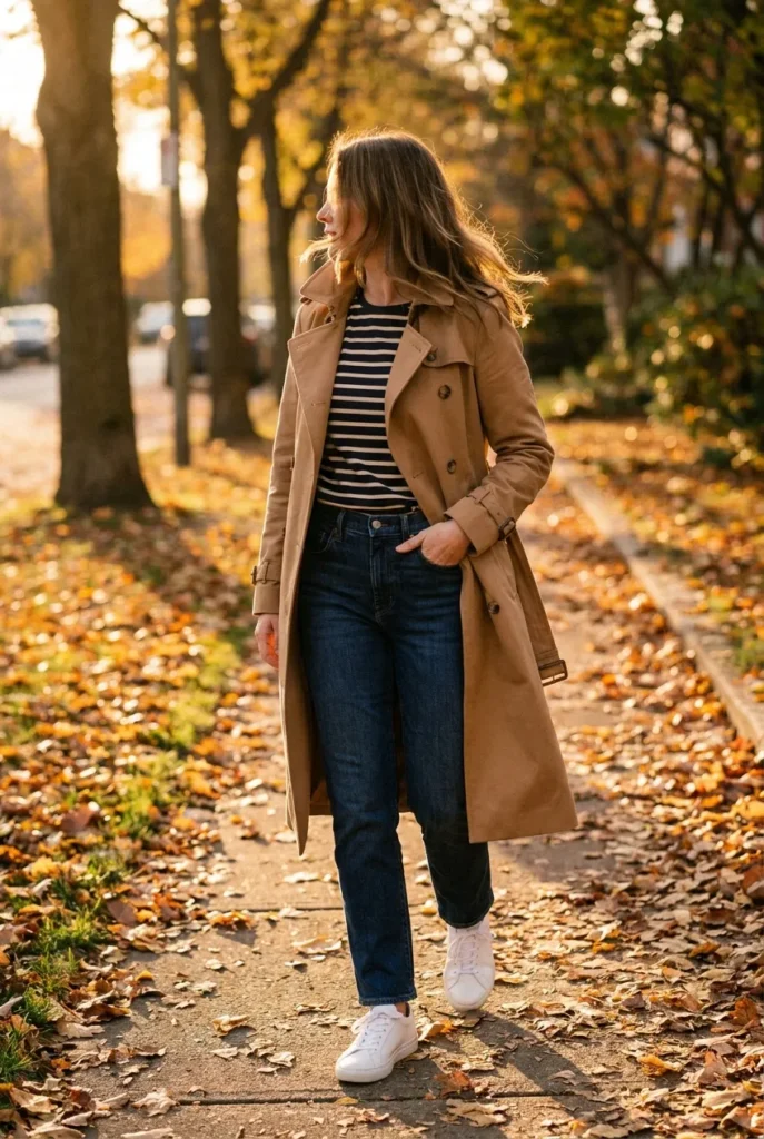 Fall transitional outfit with belted camel trench coat, striped tee, jeans, and sneakers