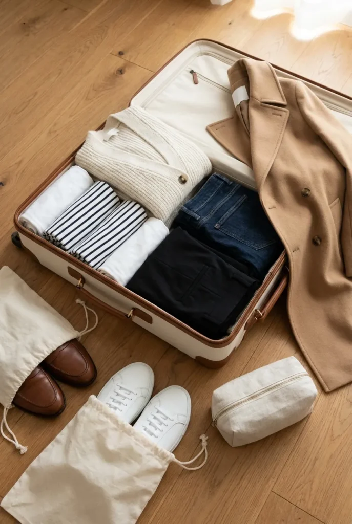 Fall travel capsule wardrobe packed in carry-on with sweaters, jeans, and loafers