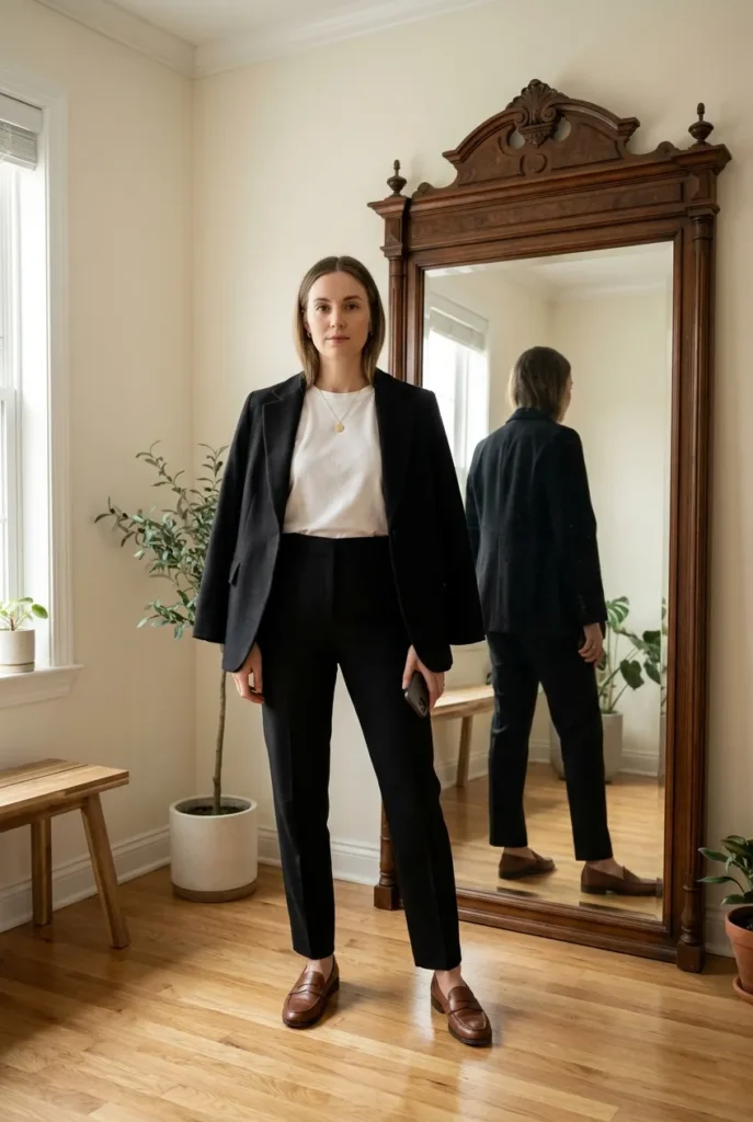 Fall work outfit with black trousers, white tee, blazer, and brown loafers