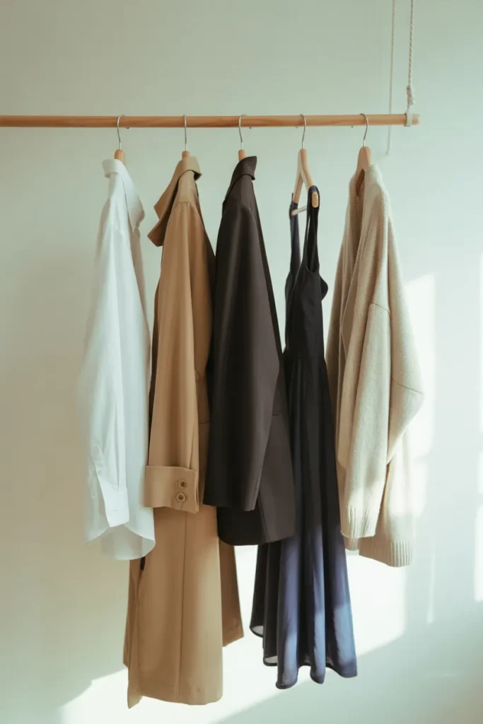 Five capsule wardrobe staples hanging on wooden hangers in organized closet