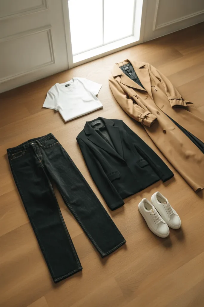 Five core capsule wardrobe pieces laid flat for outfit building