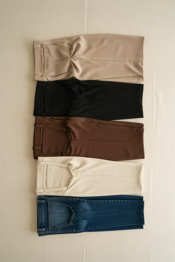 Five fall capsule wardrobe bottoms including straight-leg jeans, wide-leg trousers, and chocolate brown pants on cream linen