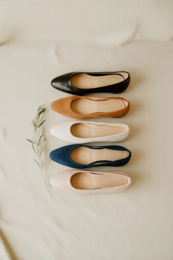 Five neutral ballet flats arranged for a 2026 capsule wardrobe Pinterest pin