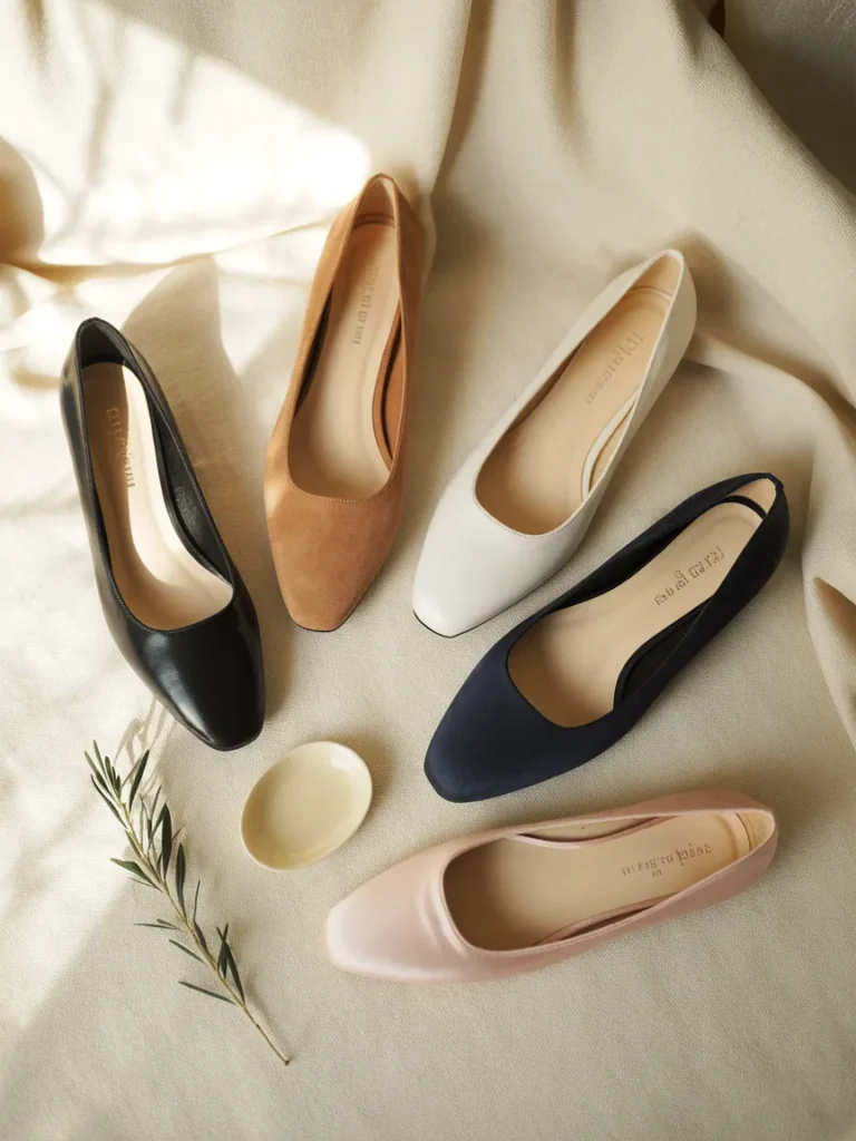 Five neutral ballet flats arranged on cream linen for a 2026 capsule wardrobe edit