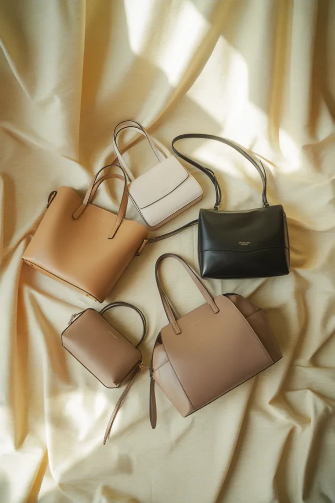 Five neutral leather bags for a capsule wardrobe arranged on cream linen, including tote, crossbody, work bag, evening pouch, and weekender