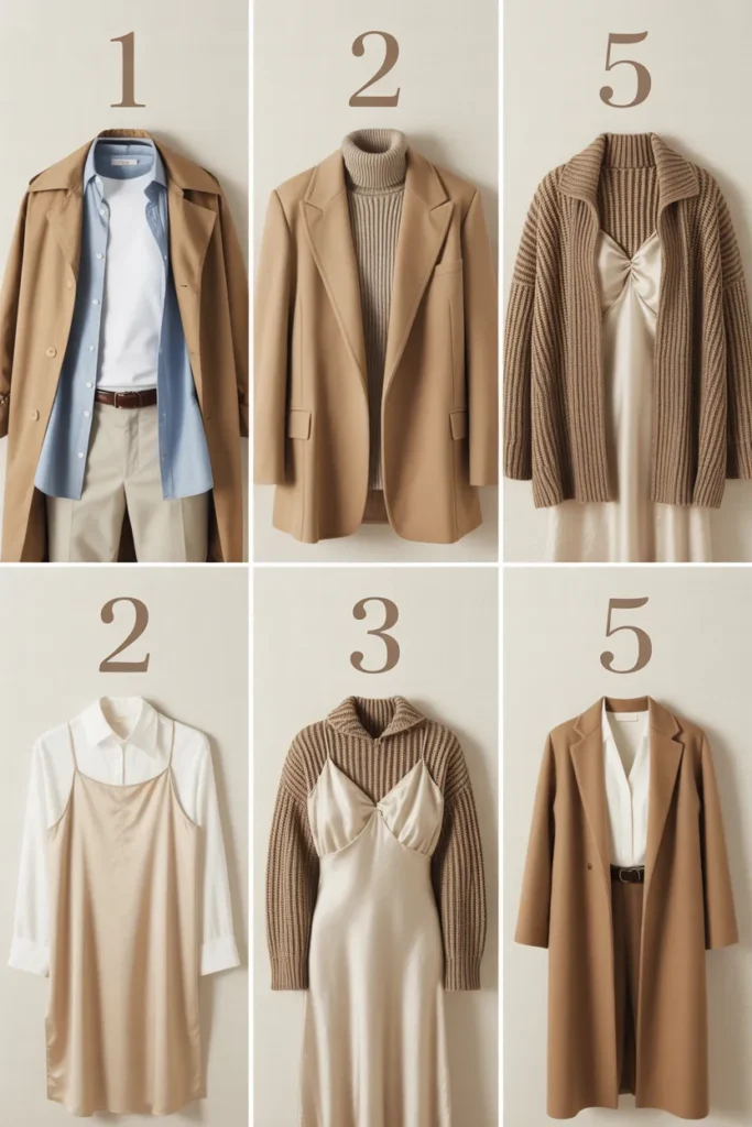 Five outfit formulas showing how to layer outfits using capsule wardrobe staples including blazer, trench, and slip dress