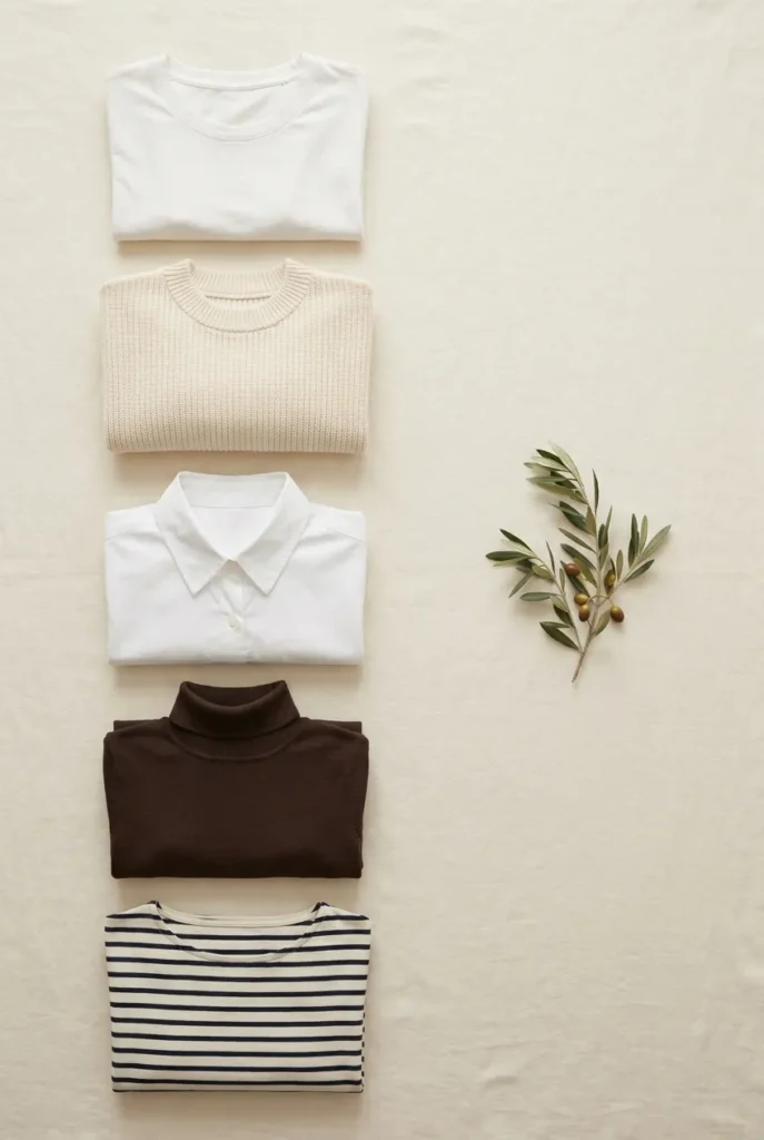 Five petite tops flat lay including white tee, cream sweater, button down, turtleneck, and Breton stripe.