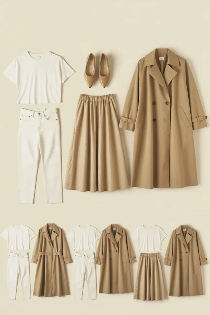 Five-piece spring to summer capsule wardrobe outfit matrix showing 15+ combinations