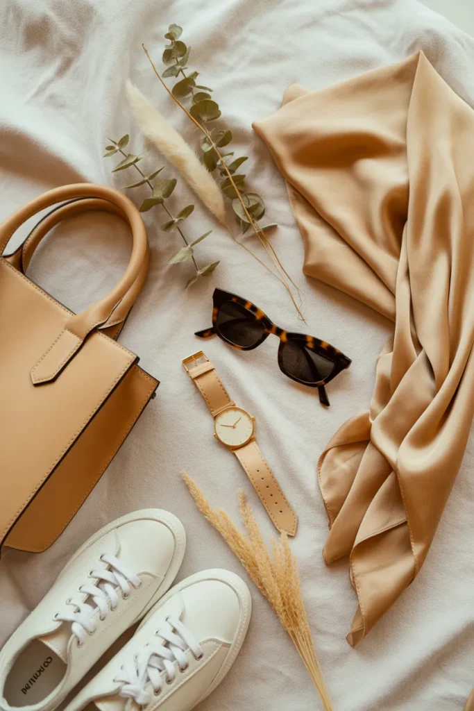 Flat lay of capsule wardrobe bag styled with white sneakers gold watch and silk scarf in neutral palette