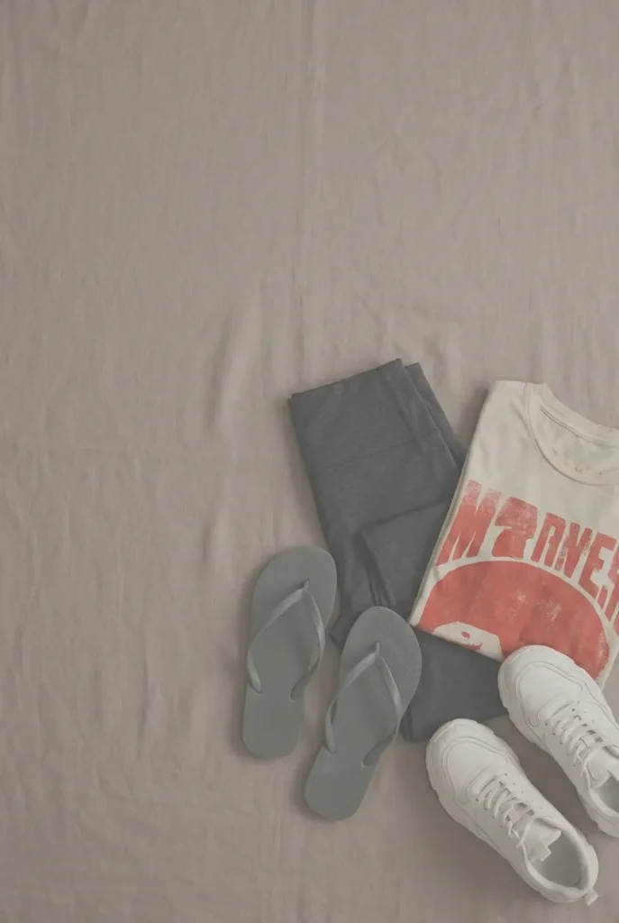 Flat lay of items to avoid in Italy: leggings, flip-flops, graphic tee, dad sneakers