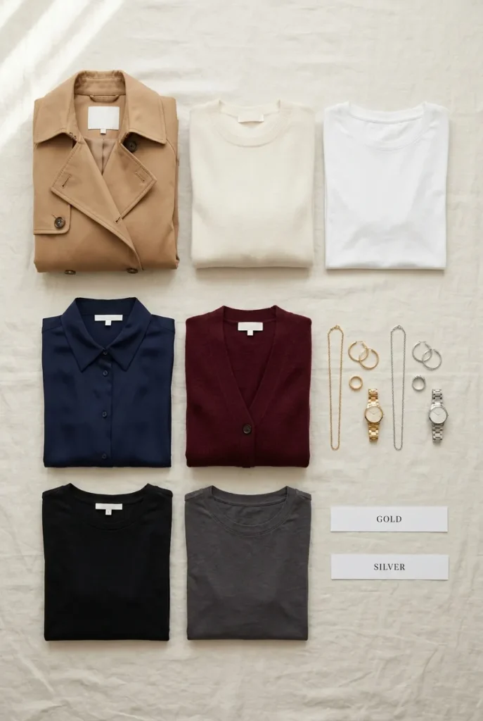 Flat lay of wardrobe colors for your skin tone showing warm and cool capsule pieces on cream linen