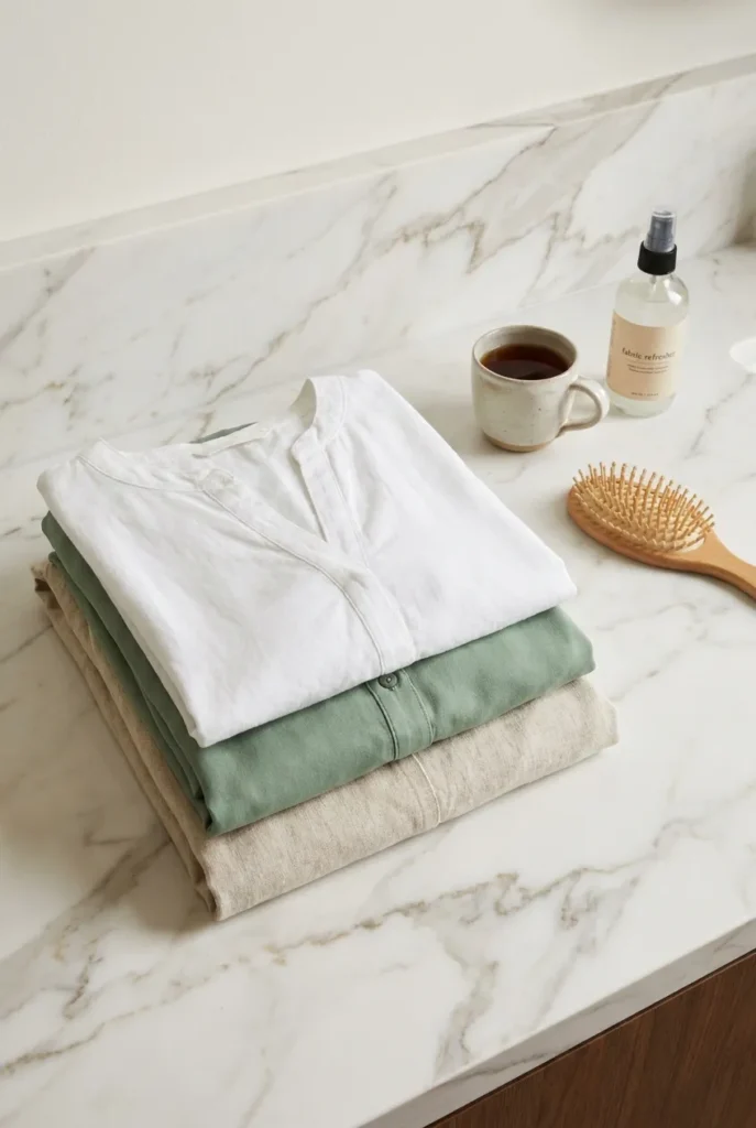Folded modest summer capsule pieces on marble vanity including linen trousers, sage midi dress, and white voile tunic.