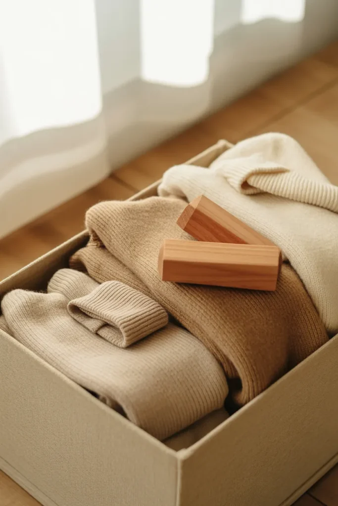 Folded neutral spring knits stored in a linen box with cedar blocks for off-season transition