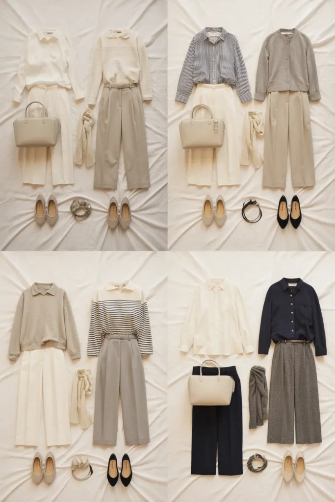 Four French girl style outfit combinations from a 10-piece capsule wardrobe