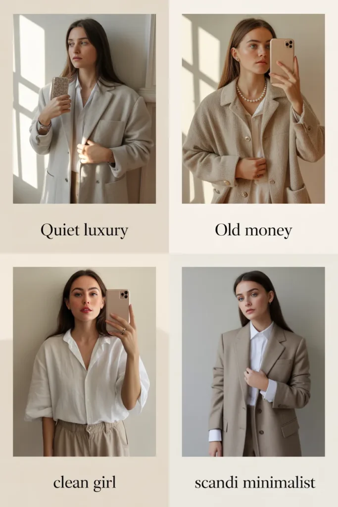 Four aesthetic layering styles including quiet luxury, old money, clean girl, and scandi minimalist outfit examples