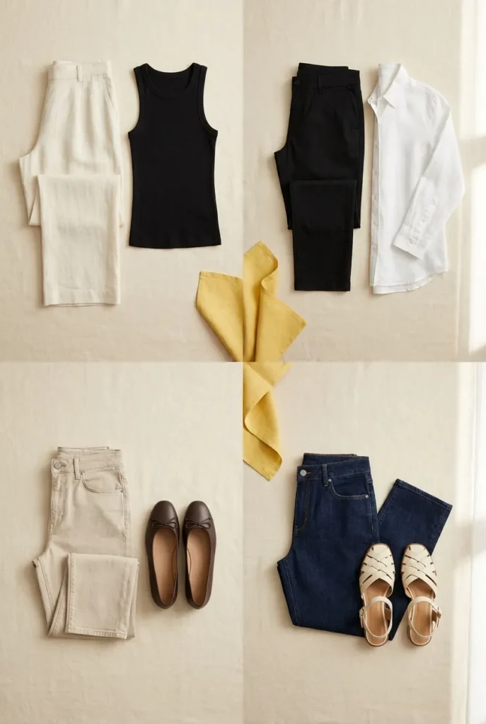 Four capris outfits grid showing the rule of opposites with wide and slim capris paired with fitted and relaxed tops.