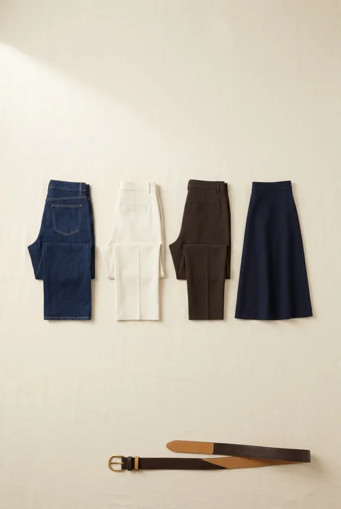 Four capsule wardrobe bottoms for curvy women including dark jeans cream trousers espresso pants and navy skirt.