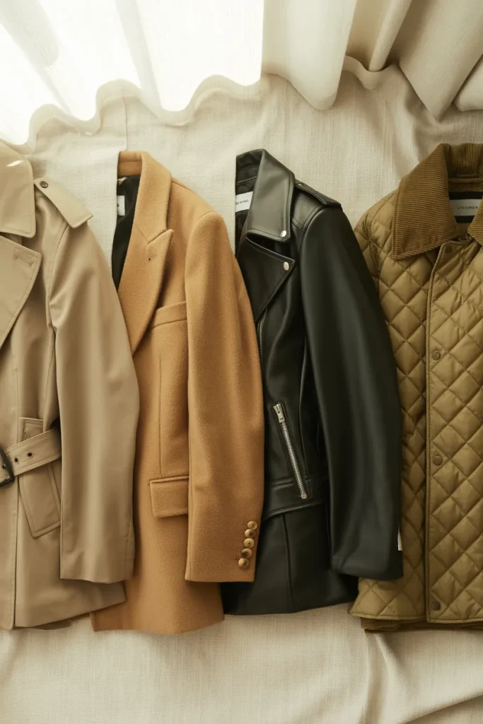 Four fall capsule wardrobe coats including stone trench, camel blazer, black leather jacket, and quilted barn jacket on cream linen