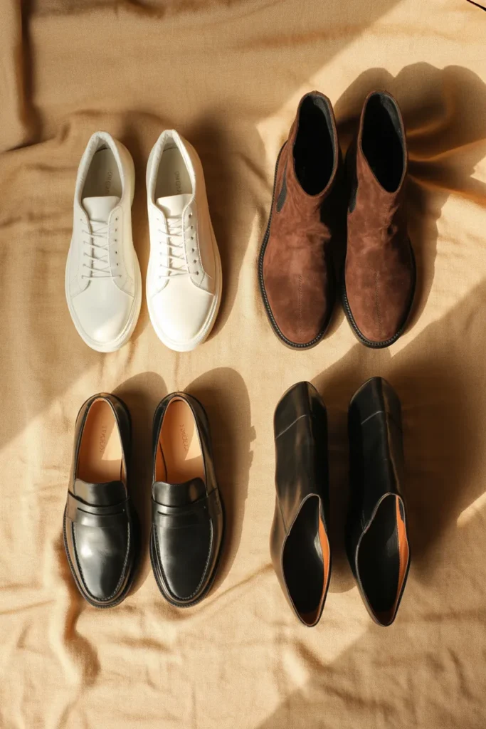 Four fall capsule wardrobe shoes including white sneakers, chocolate suede booties, black loafers, and knee-high boots on oat linen