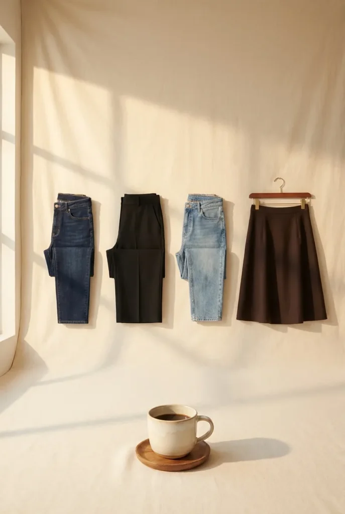 Four petite bottoms flat lay with dark wash jeans, black wide leg trouser, light wash crop jeans, and midi skirt.