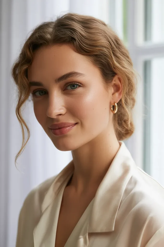 French girl beauty look with air-dried hair, natural makeup, and gold hoops