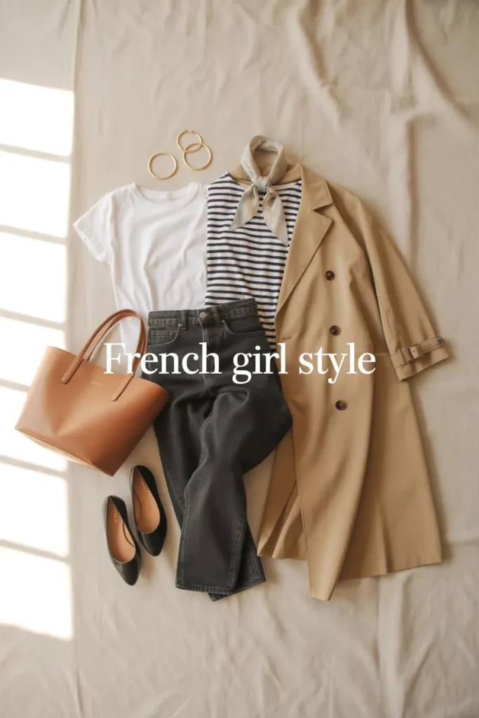 French girl style capsule wardrobe flat lay with breton top, trench, jeans, and ballet flats on cream linen