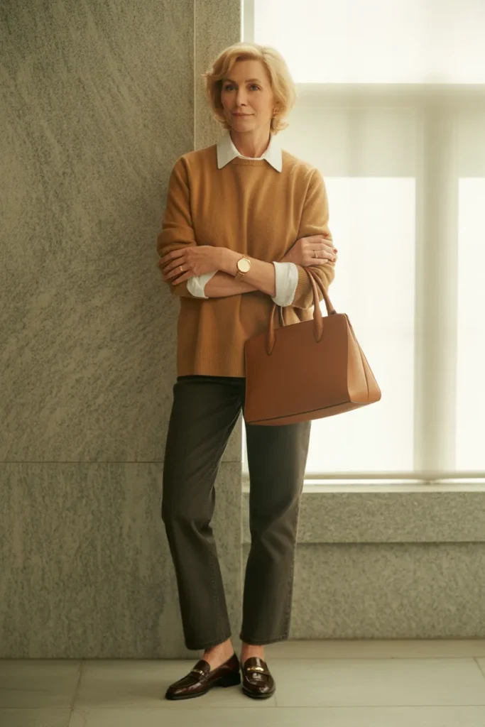 French girl style for women over 50 with cashmere, white shirt, jeans, and loafers