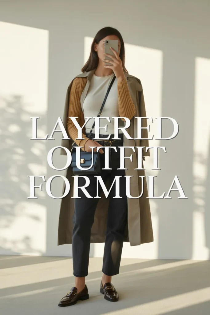 Full body capsule wardrobe layered outfit with trench coat, cardigan, jeans, and loafers showing how to layer like a pro