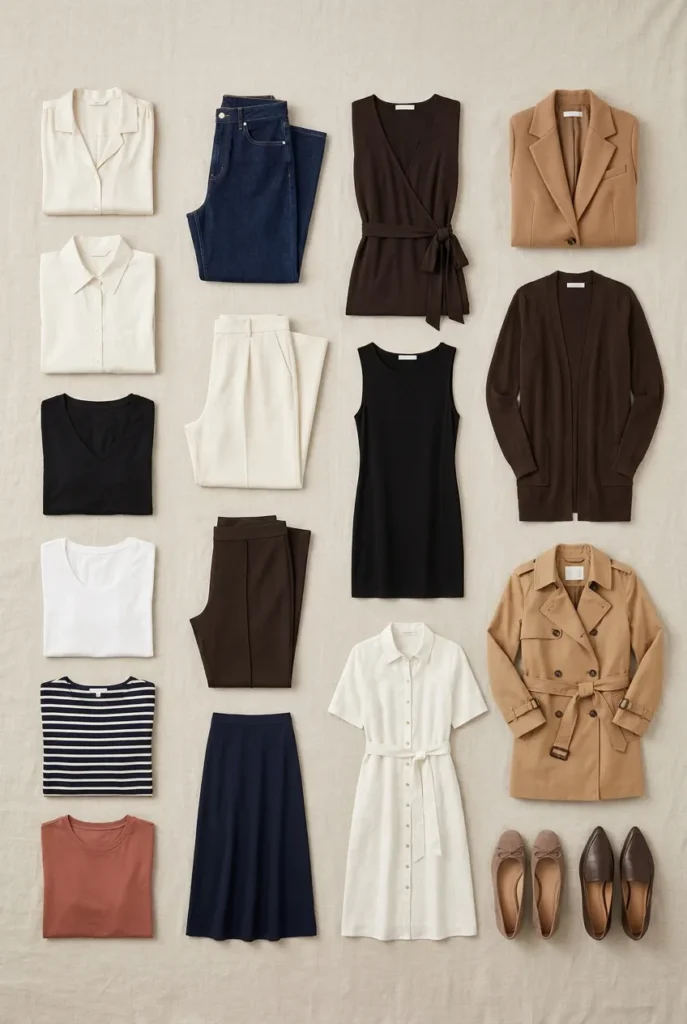 Full capsule wardrobe for curvy women with 18 pieces sorted into tops, bottoms, dresses, outerwear, and shoes.