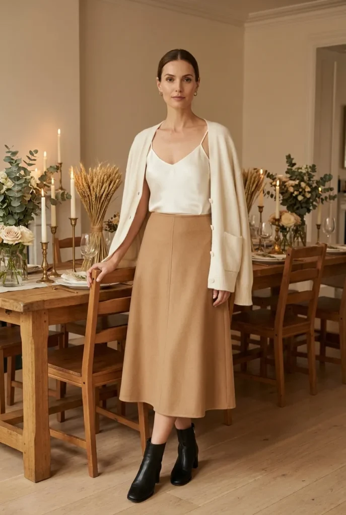 Thanksgiving fall outfit with silk camisole, cream cardigan, camel midi skirt, and ankle boots